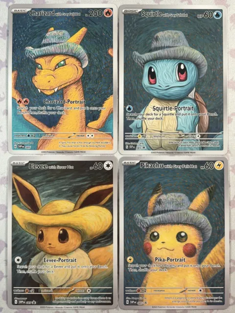 Pokémon 4x Custom Van Gogh Pikachu Eevee Charizard Squirtle Grey Hat Straw Hat