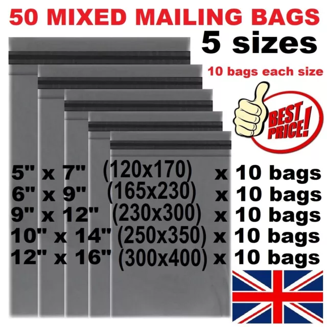 50 Mailing Bags Mixed Sizes Postage Postal Grey Shipping Poly Plastic Parcel Bag