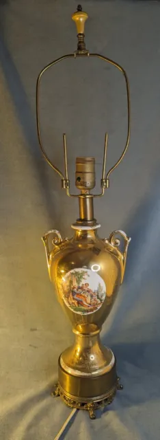 💡Antique Porcelain 24k Gold Two Handle Lamp Romantic Scene 25", No lampshade
