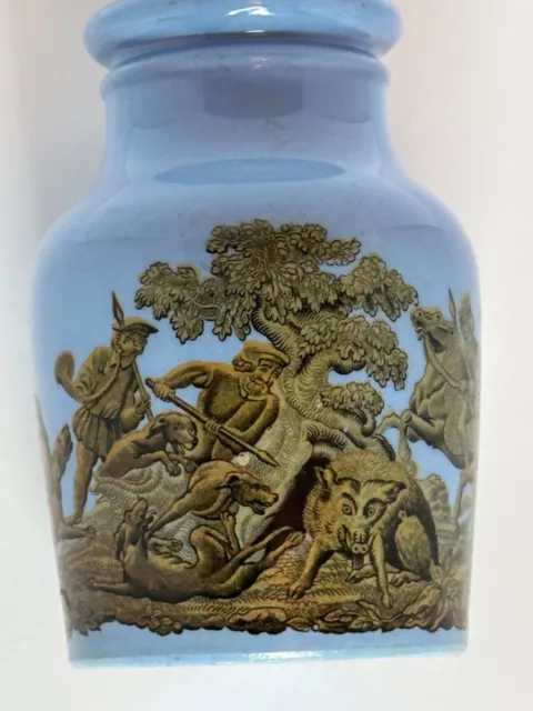 Antique English Blue Prattware Potted Meat Paste Hunting Scene Jar