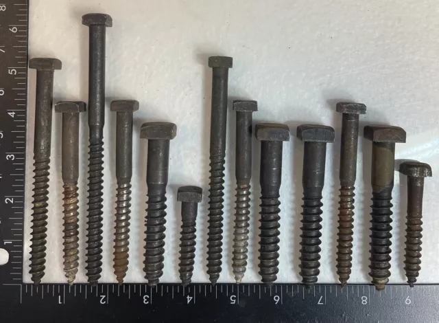 13 Antique Square Head Lag Screws Assorted Lengths Steel Blacksmith 3/8" & 1/2"