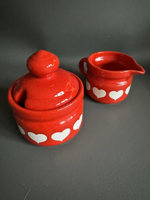 Waechtersbach Red & White Hearts Sugar Bowl & Creamer Germany 70's VTG