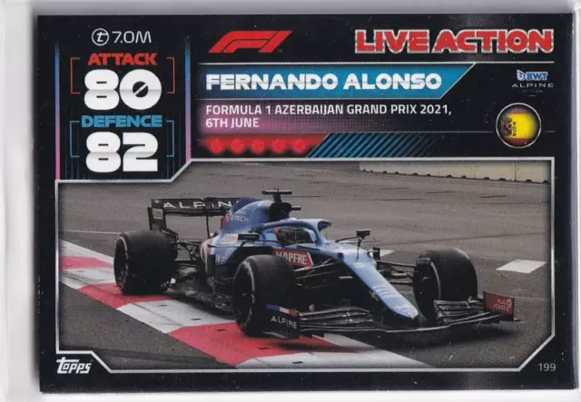 Topps F1 Turbo Attax 2022 Formule 1 Carte Numéro 199 Live Action Fernando Alonso