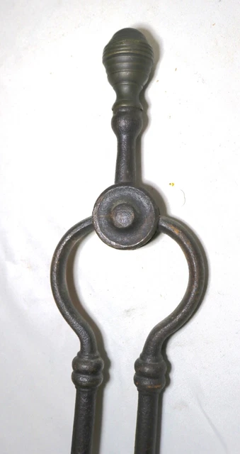 antique 18th century wrought iron turned brass Dutch fireplace tongs tool 1700's