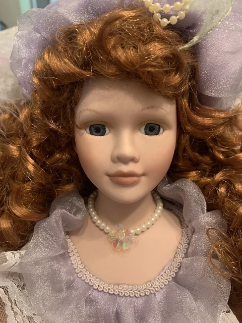 Victorian Porcelain Doll Bust - Red Curly Hair Blue Eyes - Lavender