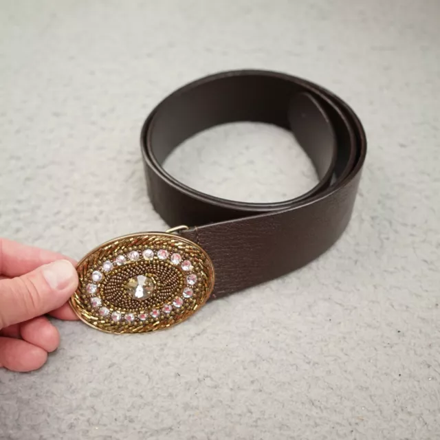 Chicos Leather Belt Womens Sz Small Brown Rhinestone Beaded Buckle Retro