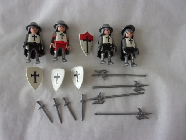 Lot De Playmobil  * 4 Chevaliers Croises Templiers Noirs + Accessoires *
