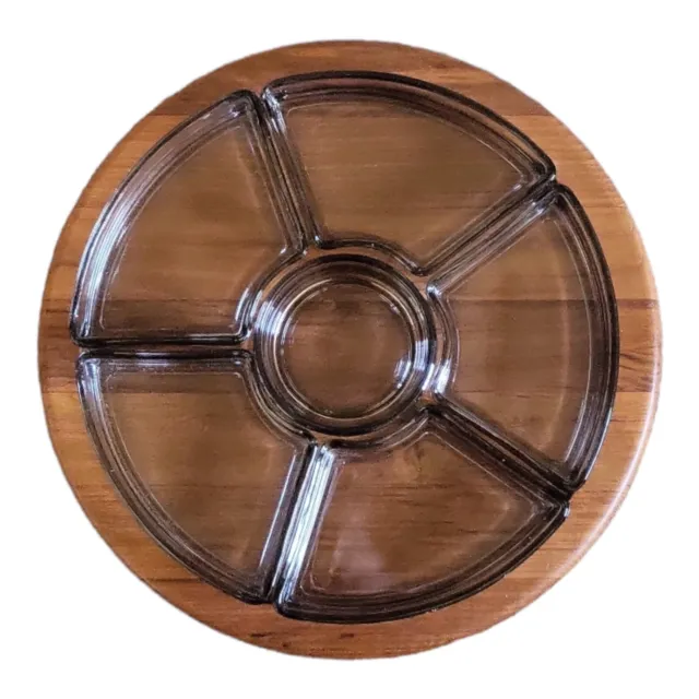 Vintage Digsmed Denmark Teak Lazy Susan With Smokey Gray Glass Dishes 60's-70's