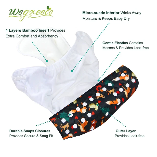 Washable Reusable Baby Cloth Pocket Diapers 6 Pack + 6 Bamboo Inserts, 1 Wet Bag 3