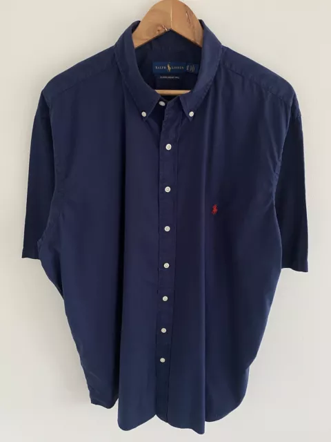 Camisa para hombre Ralph Lauren azul marino peso pluma sarga manga corta talla XLT 2XL 3