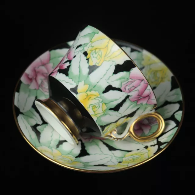 ADDERLEY Bone China Footed Teacup & Saucer Set Pink Yellow Flowers on Black