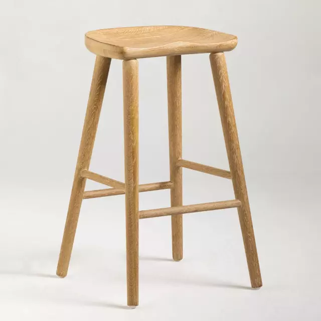 Farmhouse Bar Stool Shaker Shaped Seat Ashy Brown Solid Oak Frame 66cm