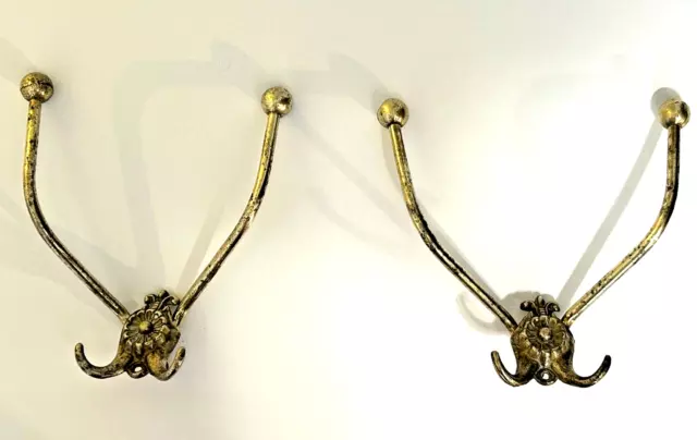 ONE PAIR (2) ANTIQUE / VINTAGE BRASS COATED STEEL DOUBLE COAT HOOKS - see photos