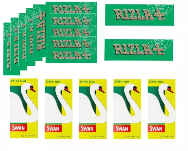 1200 X Rizla Green Regular Rolling Papers & Swan Extra Slim Filter Tips Smoking