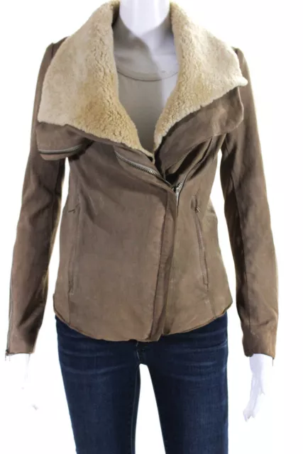 Helmut Lang Womens Leather Shearling Zippered Motorcycle Jacket Brown Size M