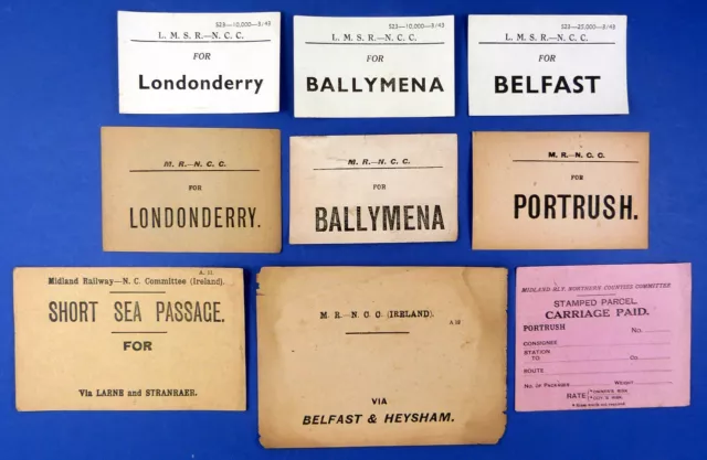 6 x MR - NCC & 3 x LMSR - NCC Luggage Labels Midland Railway NCC Ireland