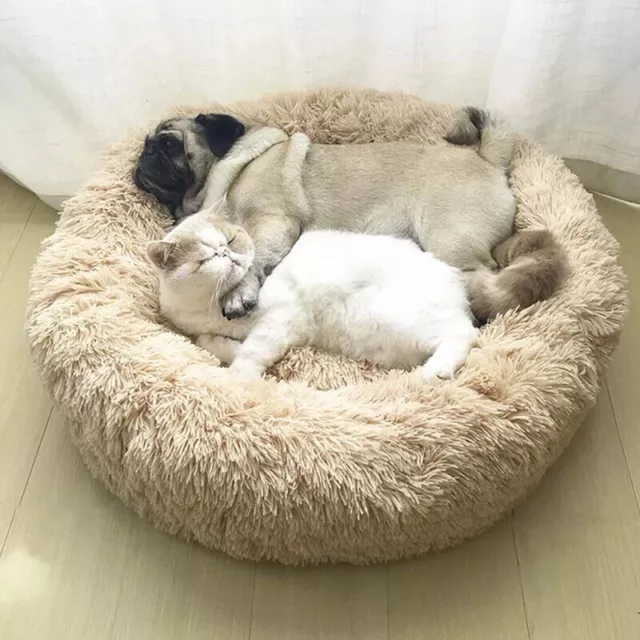 Round Pet Dog Bed Beige Fluffy Doughnut Calming Puppy Kitten Cat Luxury Soft