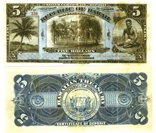 r Paper Reproduction -   Hawaii 5 Dollars 1895 Pick #11  1838R