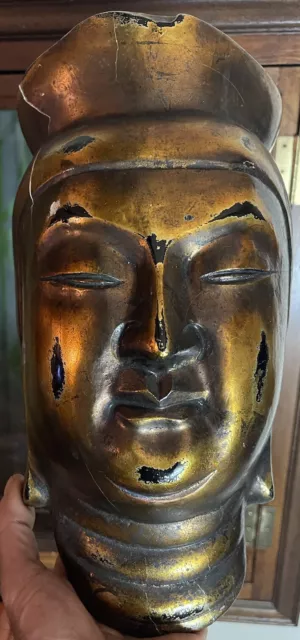 Selten Maske Buddha Von Noh Schwarz Golden Lackiert Aus Japan Unterzeichnet