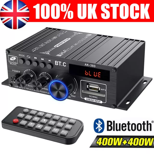 AK380 Digital Power Amplifier Bluetooth USB Music Player FM Stereo Audio Amp UK