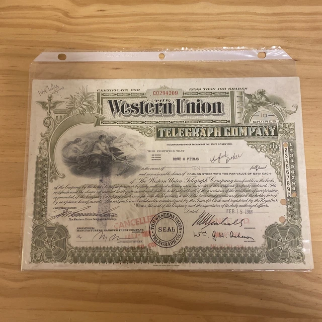The Western Union Telegraph Company Canceled Stock Certificate!!!
