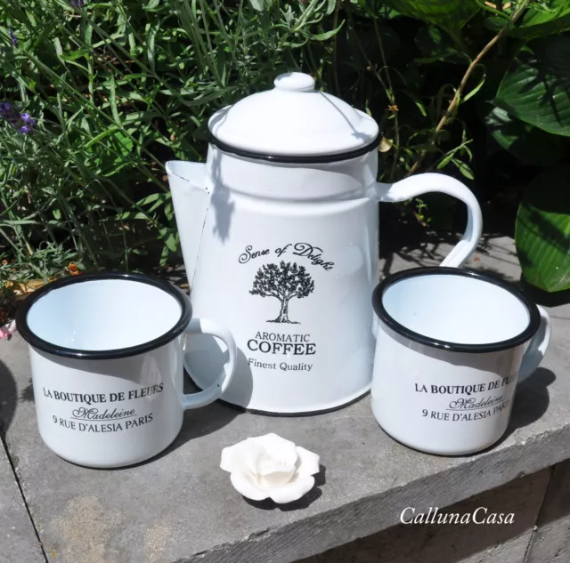 #10976 Kanne Kaffee Becher Camping SET Outdoor Angler Emaille weiß shabby Garten