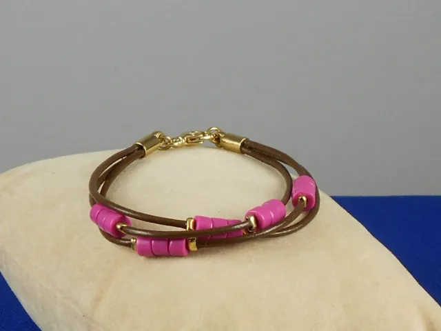 Fossil Brand Goldtone Fuchsia Beaded Brown Leather Bracelet JOA00372 710 $28