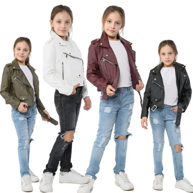 Kids Girls Jackets Designer's PU Leather Jacket Zip Up Biker Belted Coats 7-13 Y