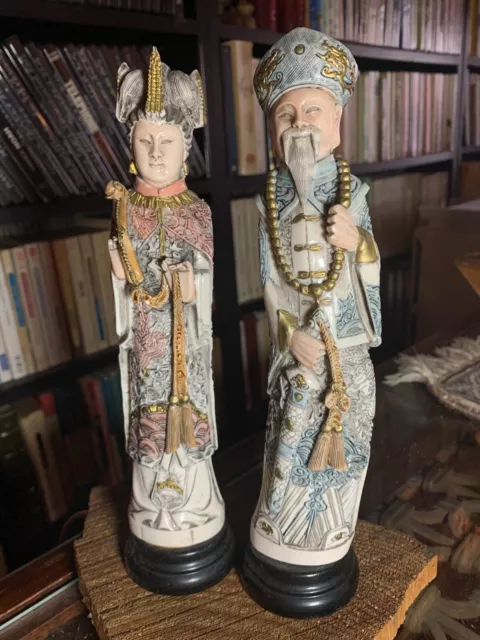 Couple Chine ancienne Statues peintes à la la main 24 cm