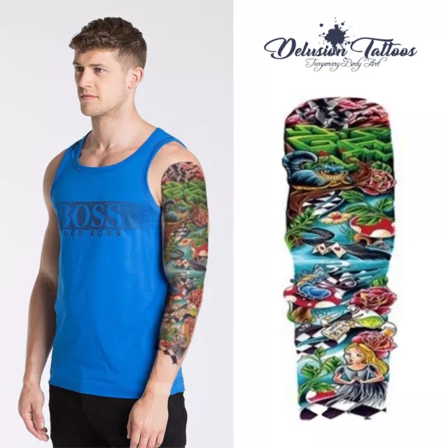 Full Sleeve Temporary Tattoo Realistic Arm Transfer Alice In Wonderland Body Art