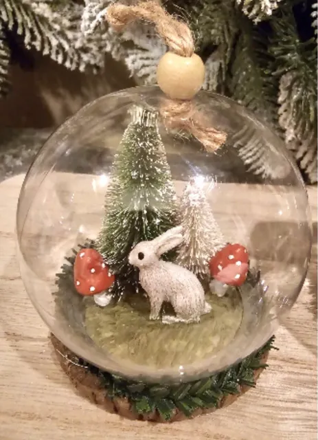 Rabbit Mushroom Cloche Ornament • Traditional Globe Woodland Bunny Christmas