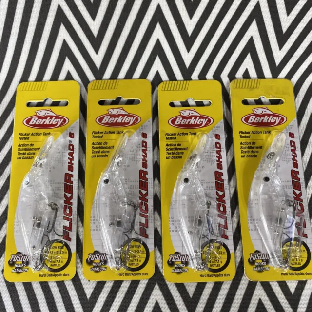 (4) Berkley FLICKER SHAD 6 Clear Size 6 - 2.3” 1/4oz Fusion Hooks Fast Shipping!