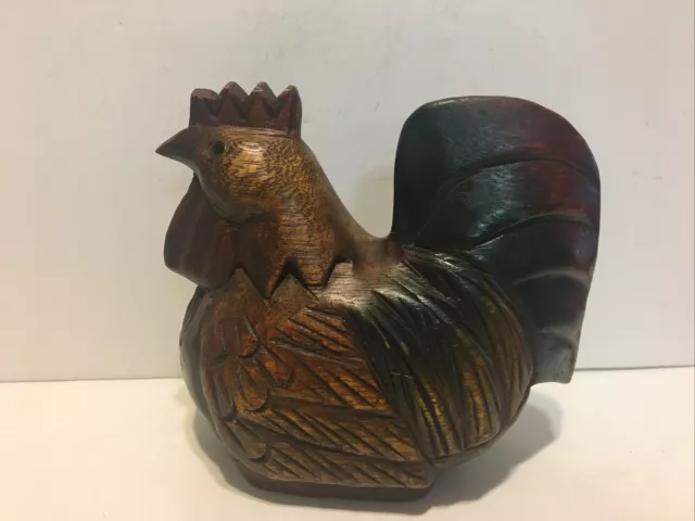 Rooster Hand Carved & Stained Farmhouse Country Wooden Vintage Solid Wood