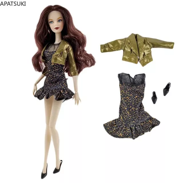 Goldene Mode Kleidungsset für Barbie Puppen Outfits Mantel Leopard Kleid Schuhe