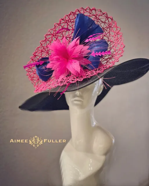 Aimee Fuller Kentucky Derby Hat Wide Brimmed Black Hot Pink Fuchsia Blue Del Mar