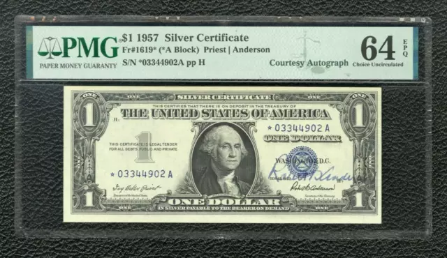 $1 Bill 1957 COURTESY AUTOGRAPH Star Note Silver Certificate PMG 64 EPQ Fr 1619*