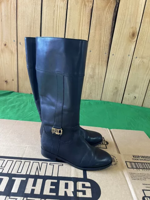 Lauren Ralph Lauren Womens Berdie Black Leather Knee Tall Riding Boots Size 7B