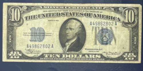 1934 $10 Ten Dollars Silver Certificate Blue Fine +