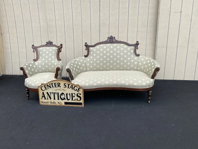 64769 Antique Victorian Walnut Sofa Loveseat + Chair