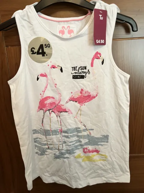 BNWT TU Girls White/Pink Flamingo/Sequin Sleeveless Vest/T shirt Size 11-12 yrs