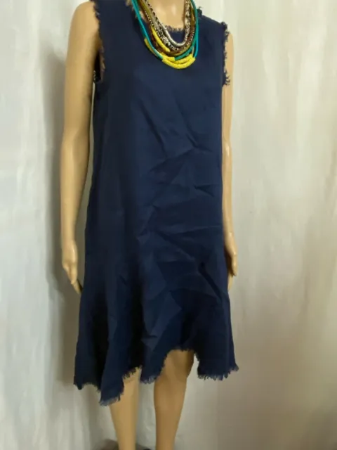 Ljc  Designs Size Xs Navy Blue Sleeveless Linen Dress Raw Edge Fringing Trim