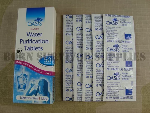 OASIS WATER PURIFICATION TABLETS 8.5mg - 50 Pack British Army NATO Issue Travel