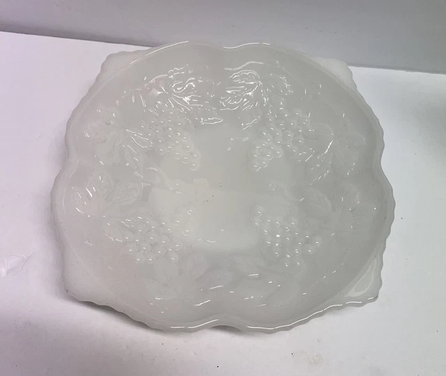 Vintage Anchor Hocking Milk Glass Grape Leaf Compote Low Pedestal Bowl Dish
