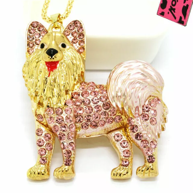 Betsey Johnson Pink Rhinestone Cute Dog Crystal Pendant Chain Necklace