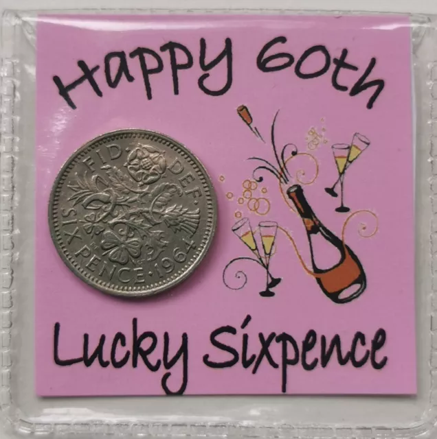 60th Birthday Lucky Sixpence gift* Pink Design* 1964 coin for 2024*