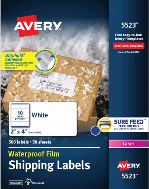 Avery WeatherProof Shipping Labels w/TrueBlock Laser White 2 x 4 500/Pack 5523