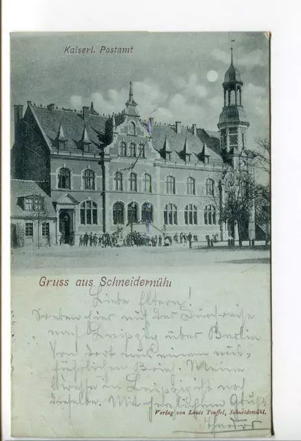 Mondschein AK Schneidemühl, Postamt 1899, Bahnpoststempel Dirschau Zug 4, Posen