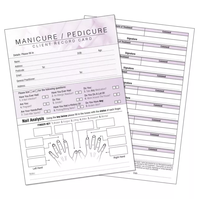 Nail Manicure Pedicure Client Record Card Consultation Treatment Salon A6 x50 2