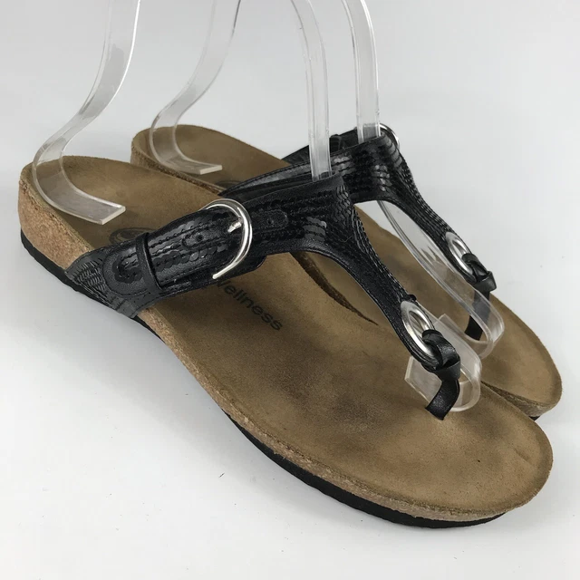 Eurowellness Balance Black Buckle Thong Flip Flops Sandals Women Sz 6.5-7 (B10)