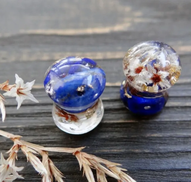 Pair Lapis lazuli plugs Double sided flower gauges Blue Birthstone tunnels 0g